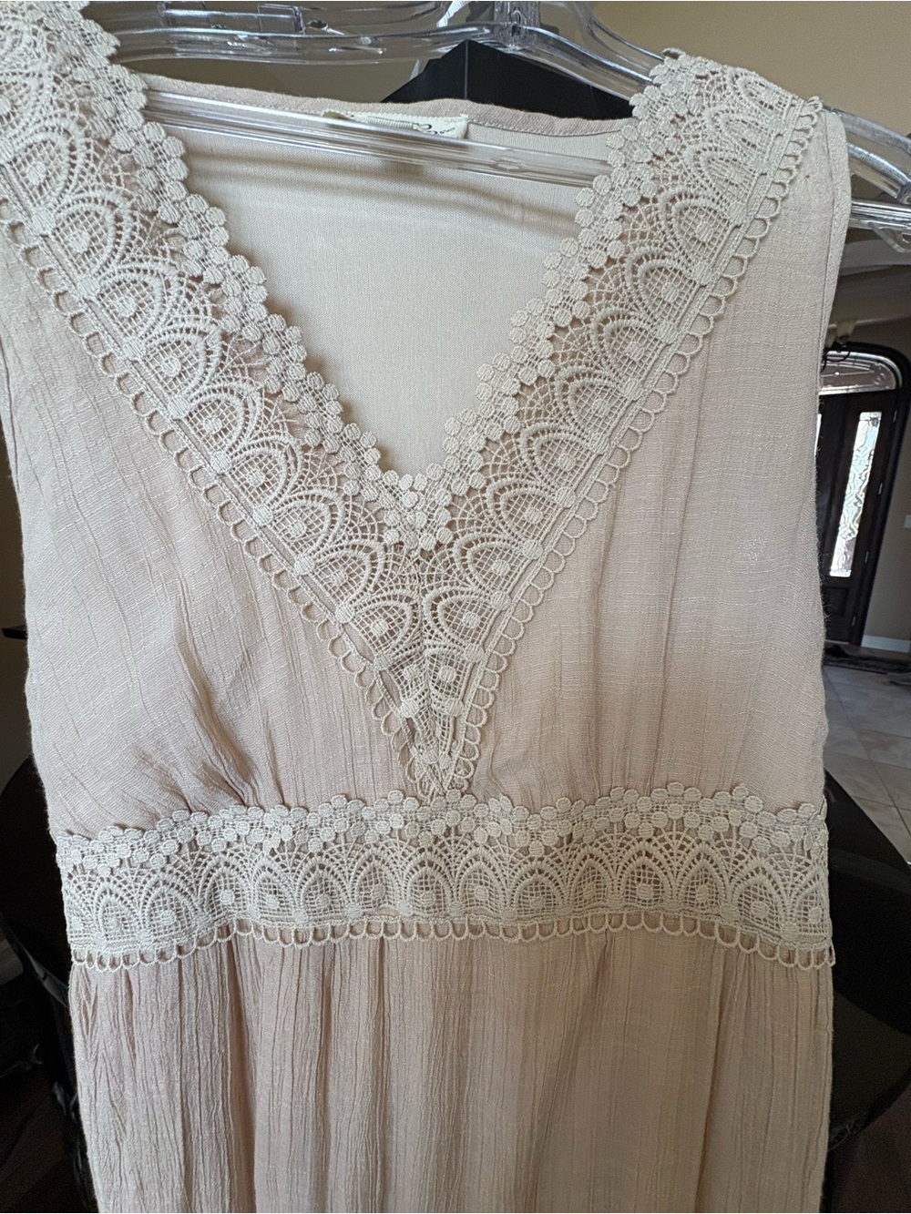 Indigo Rose Romantic Boho Long Dress Beige Lace Tiered Ruffle Size M